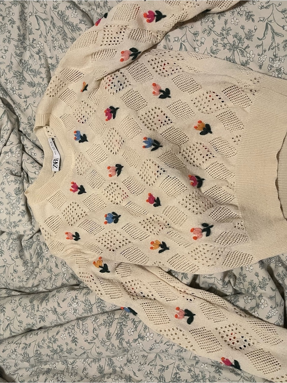 Zara Cream Crochet Sweater with Multicolor Floral Embroidery